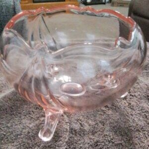 Pink depression glass candy dish in rose petal design
